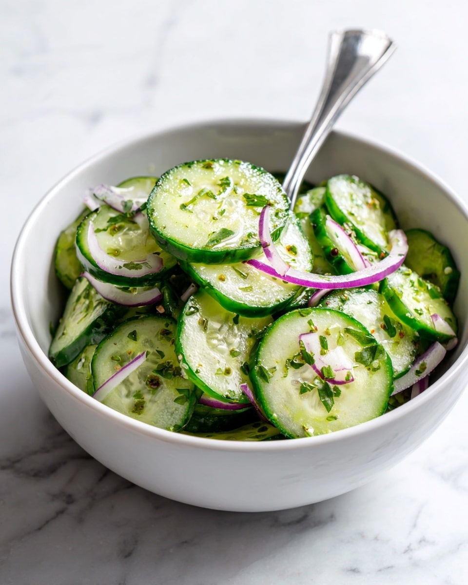 The image shows a white bowl filled with thinly sliced cucumber rounds that are bright green with pale centers, sprinkled with small green herb bits. Among the cucumber slices are thin pieces of purple-red onion, adding a pop of color. A silver fork is piercing one cucumber slice near the center, angled downward into the bowl. The background is a white marbled surface. The overall look is fresh and light. photo taken with an iphone --ar 4:5 --v 7