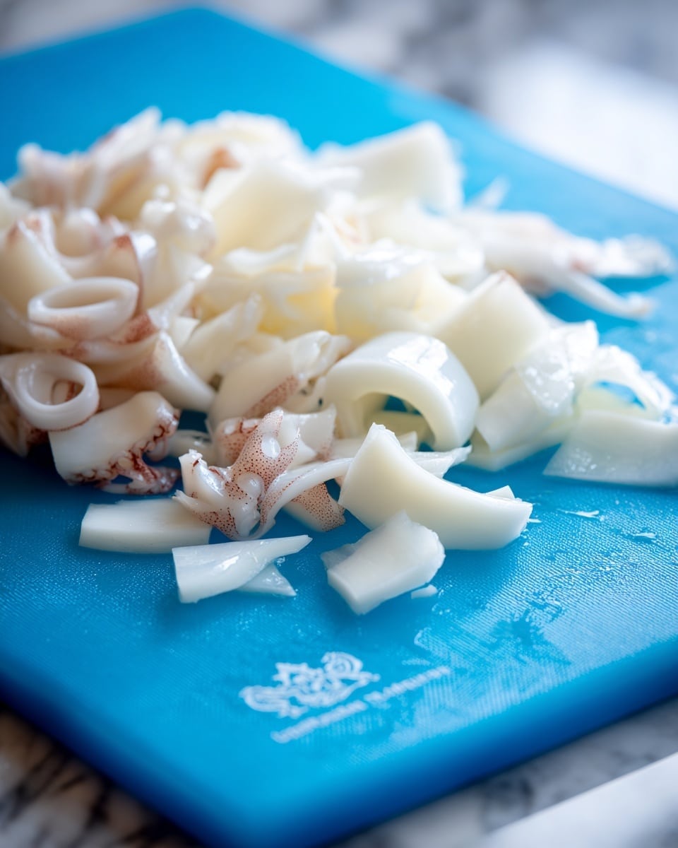 The image shows small pieces of sliced squid laid out on a bright blue cutting board. The squid pieces are glossy and white, with a smooth and slightly translucent texture. Some pieces are tube-shaped rings, while others are irregular strips and chunks. The blue cutting board has a small logo on the right side, and a white marbled surface is visible beneath it. photo taken with an iphone --ar 4:5 --v 7