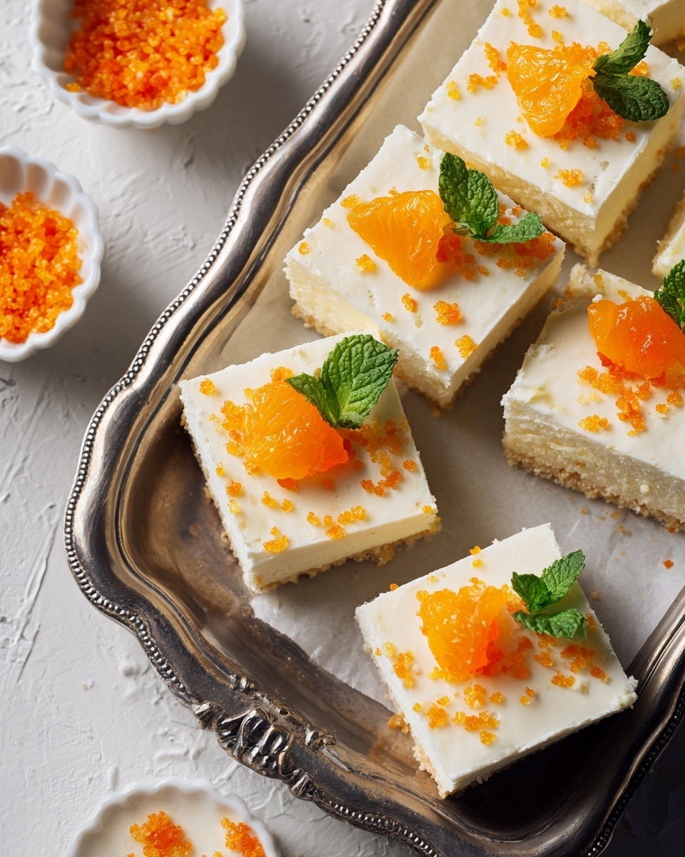 The image shows a dessert in a rectangular silver tray with a white creamy top layer. It is cut into square pieces with smooth edges. There are small orange sugar sprinkles spread evenly on the top, adding texture. Each square is decorated with a bright orange sugar candy piece and a small fresh green mint leaf, placed side by side near the corners. The background surface has a white marbled texture, and nearby are small white ramekins filled with more orange sugar sprinkles. Photo taken with an iphone --ar 4:5 --v 7