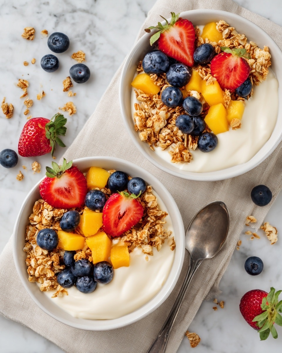 The image shows two white bowls filled with creamy white yogurt as the base layer. On top, there is a colorful arrangement of fresh fruits and granola. The fruits include whole blueberries with a deep blue color, bright red strawberries both whole and halved, and small yellow mango chunks. The granola is sprinkled generously over the fruit, showing its rough textured, light brown clusters. The bowls are placed on a light beige cloth napkin on a white marbled surface with some scattered blueberries and granola around. A silver spoon lies next to the front bowl. The image is well-lit, bright, and fresh-looking. photo taken with an iphone --ar 4:5 --v 7