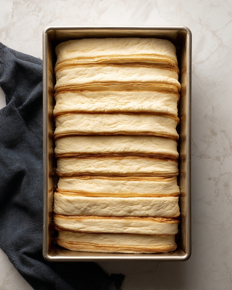 Inside a rectangular metal baking pan, there is a neat stack of folded dough layers lined up vertically. Each layer is light beige with a slightly golden-brown edge, showing soft, smooth texture and some slight puffiness. The layers alternate with thin lines of a darker brown filling evenly spread throughout. The pan sits on a surface with a white marbled texture, and there is a dark cloth nearby. Photo taken with an iphone --ar 4:5 --v 7