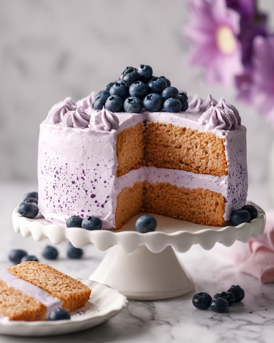 A two-layer round cake with light brown sponge layers and a thick light purple frosting with small darker purple specks spread unevenly over the entire cake. Between the two sponge layers, there is a visible layer of the same light purple frosting. On top of the cake, a small cluster of fresh blueberries is placed near the center. The cake sits on a white scalloped cake stand, and more blueberries are scattered near the base. In the background, a single slice of the cake is on a white plate with three blueberries next to it. The surface under the cake stand is a white marbled texture with a blurred purple flower. Photo taken with an iphone --ar 4:5 --v 7