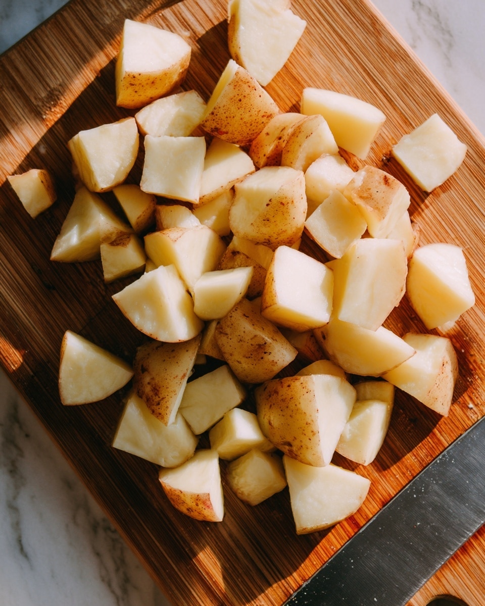This image shows a wooden cutting board with many small pieces of potato scattered on top, each piece showing light brown skin with a creamy off-white inside. The potato pieces are cut into a mix of small cubes and wedges with smooth, clean edges. At the bottom right corner, part of a steel knife blade is visible, reflecting light. The texture of the board presents fine grain lines, and the lighting is soft, creating a warm and natural look. The background is a white marbled texture. photo taken with an iphone --ar 4:5 --v 7