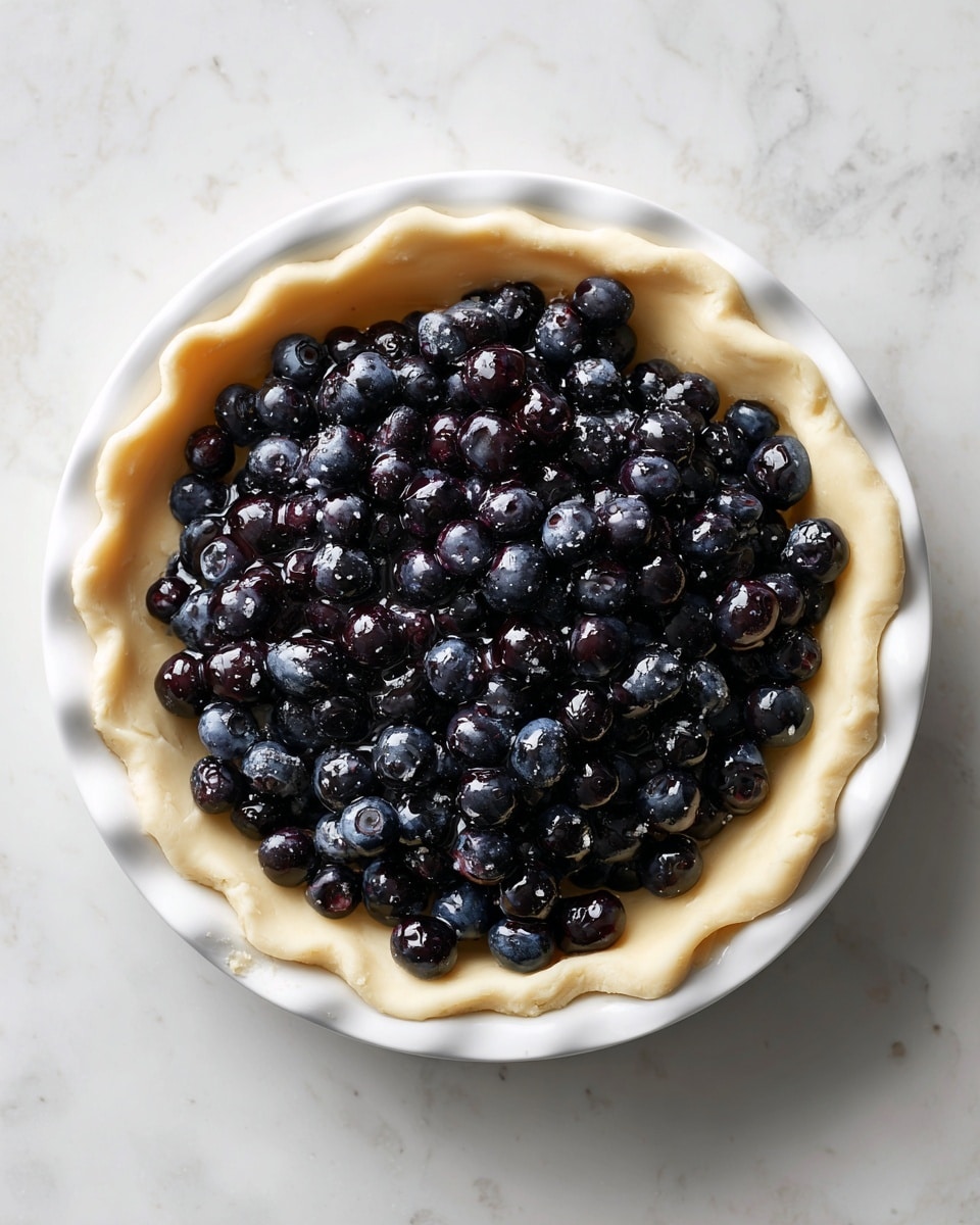 The image shows a white pie dish filled with a layer of creamy dough crust that lines the edges and bottom. On top of the crust is a thick layer of fresh dark blueberries that are shiny and plump, some mixed with light patches of sugar or flour. The pie dish rests on a white marbled surface, creating a clean and simple background. The pie filling looks ready to be baked, with a homey and fresh feel. Photo taken with an iphone --ar 4:5 --v 7