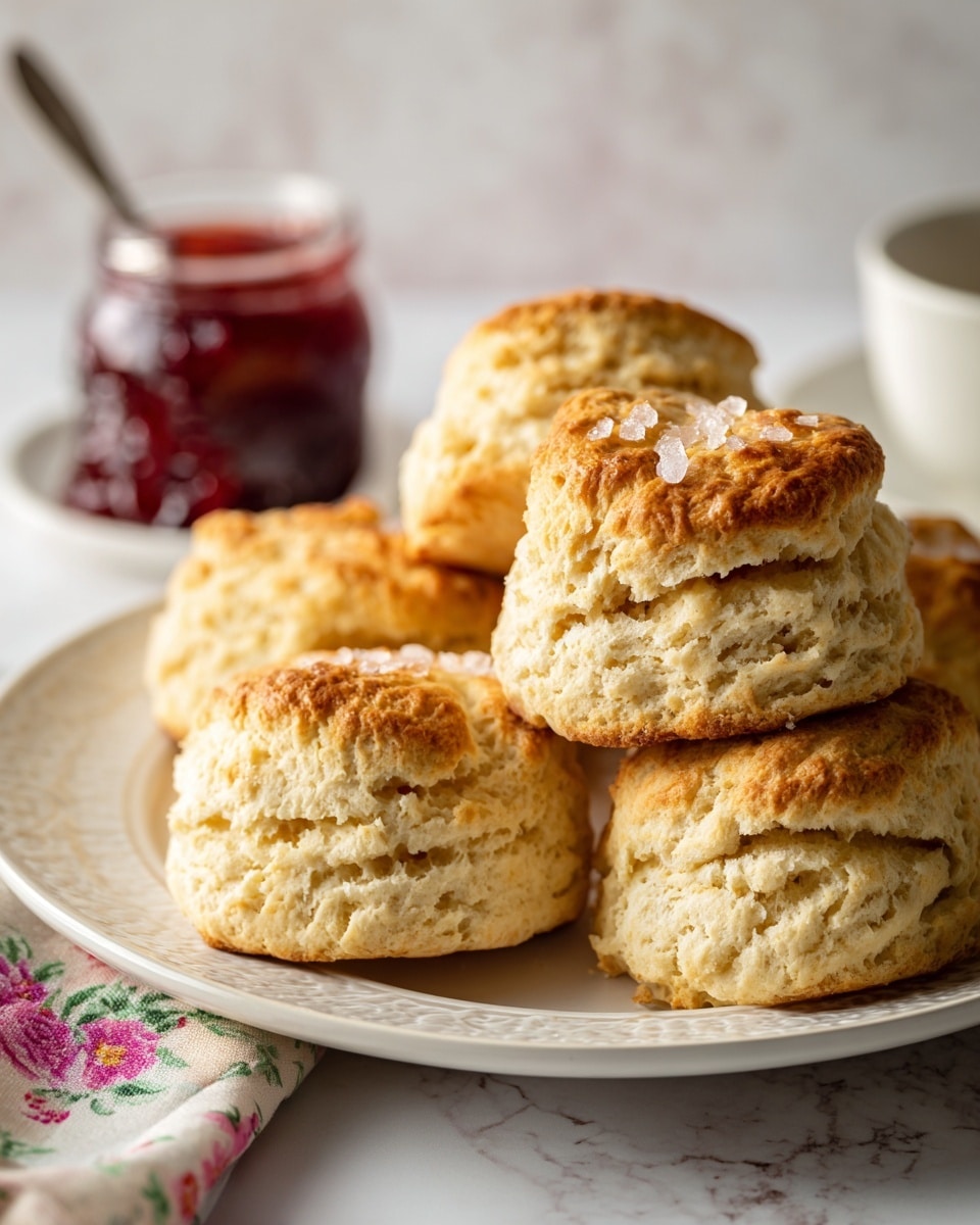 The image shows several golden brown scones with a rough, crumbly texture sitting on a white plate with a subtle embossed pattern. One scone is split open to reveal a soft, pale inside. The scones have an uneven top sprinkled lightly with sugar crystals. In the background, there is a clear jar with red jam and a spoon inside it, slightly blurred, and a floral cloth is placed near the lower right corner. The surface beneath everything is a white marbled texture with soft lighting that highlights the warm tones of the scones. Photo taken with an iphone --ar 4:5 --v 7