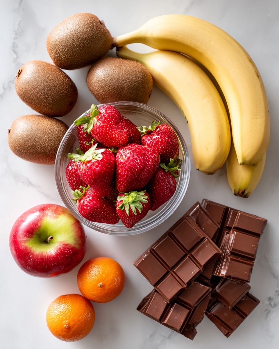 The image shows a variety of fresh fruits and chocolate pieces arranged on a white marbled surface. On the left side, there are three brown kiwis clustered together, with a shiny red and green apple placed below them. Near the center, a clear glass bowl filled with bright red strawberries with green leaves is positioned. Above the bowl, there is a single yellow banana slightly curved. Two small, round orange tangerines lie close by, under the banana. On the right side of the image, there are several large pieces of milk chocolate; some are whole squares, while a few pieces are broken into smaller triangular shapes. The overall scene has a clean and fresh look. photo taken with an iphone --ar 4:5 --v 7