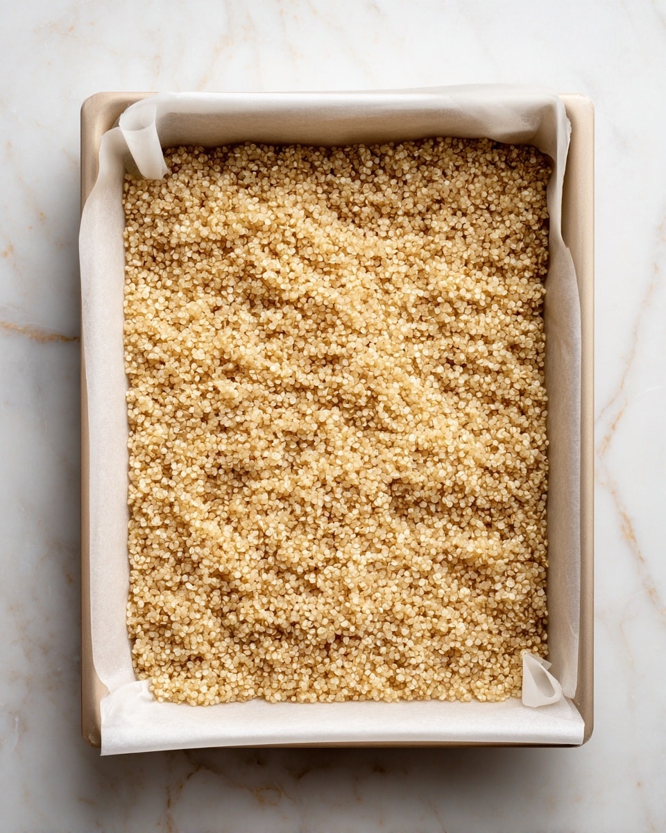 A baking tray filled with a single, thin layer of light beige cooked quinoa spread evenly across its white parchment paper lining. The quinoa grains appear fluffy and slightly separated, giving a subtle texture with tiny spirals visible in each grain. The surface of the quinoa shows a mix of soft cream and faint brownish tones scattered uniformly. The tray rests on a white marbled surface with the background remaining simple and clean. photo taken with an iphone --ar 4:5 --v 7