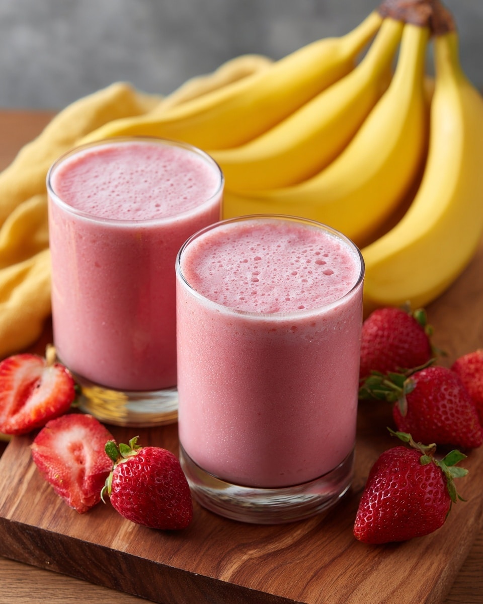 Two clear glasses are filled with a thick pink smoothie that has a slightly frothy texture on top. The glasses are placed on a wooden surface with a bunch of bright yellow bananas on the right side and several whole and halved frozen strawberries scattered on the left. The pink smoothie layers look smooth and creamy. photo taken with an iphone --ar 4:5 --v 7