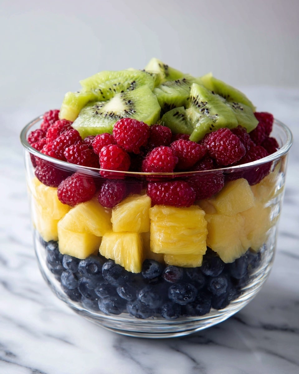 The image shows a clear glass bowl filled with three layers of fresh fruits. The bottom layer is made of dark blue blueberries, round and smooth in texture. On top of that is a layer of bright red raspberries, bumpy and small. The top layer is made of yellow pineapple chunks, juicy and cut into small pieces, with several slices of green kiwi fruit with black seeds arranged on top. The bowl is placed on a white marbled surface. photo taken with an iphone --ar 4:5 --v 7