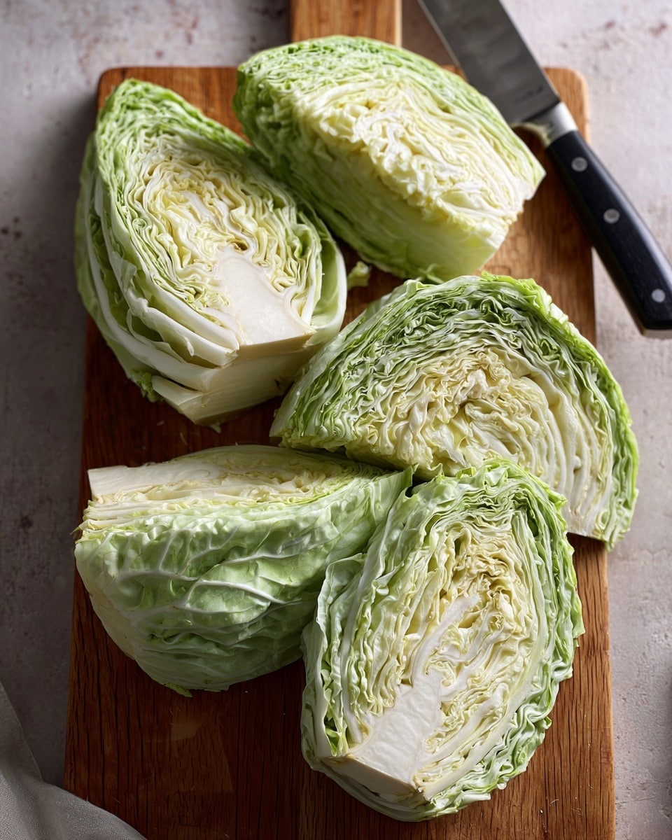 The image shows four thick wedges of light green and white cabbage placed on a wooden cutting board, with layers of tightly packed leaves curling from pale white inside to a light green outer edge. Each wedge has several visible textured layers, and the pieces are arranged with some space between them on the board. A large metal knife with a black handle rests on the right side of the board, with the blade touching the surface. The scene has a natural, fresh look with a warm wooden texture under the cabbage. photo taken with an iphone --ar 4:5 --v 7