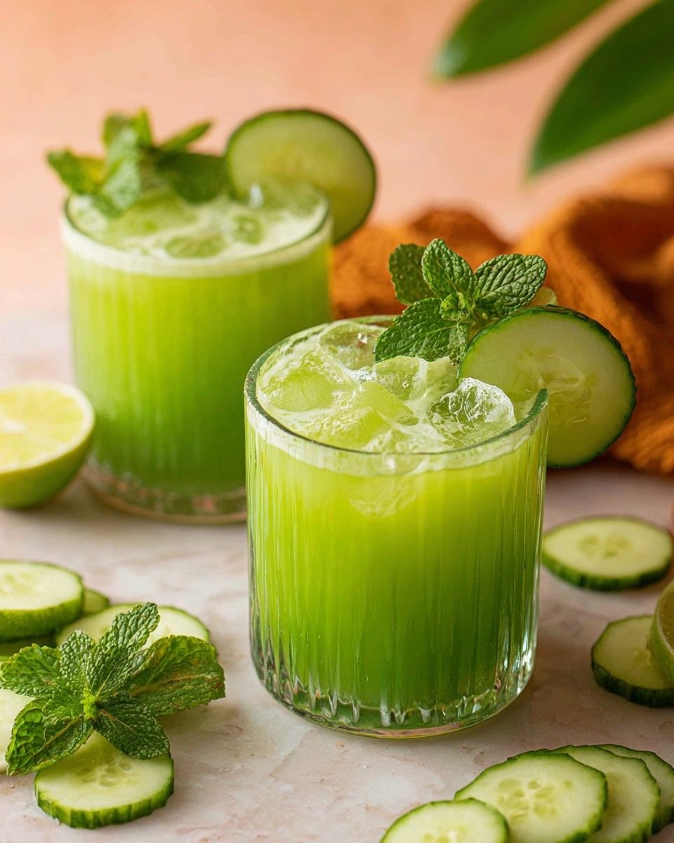 Three clear glasses filled with pale green liquid and large ice cubes sit on a white marbled surface. Each glass is garnished with a dark-edged cucumber slice on the rim and a small bunch of fresh bright green mint leaves placed near the top. Two lime wedges, light green with a smooth texture, lie scattered on the white speckled plate beneath the front glass, along with a few loose mint leaves. Thin cucumber slices and additional lime wedges rest nearby on the surface. In the background, a ribbed glass bottle holds more of the pale green drink, complementing the three glasses. The setting includes a soft, peach-colored cloth on the side adding warmth to the fresh and light presentation. Photo taken with an iphone --ar 4:5 --v 7