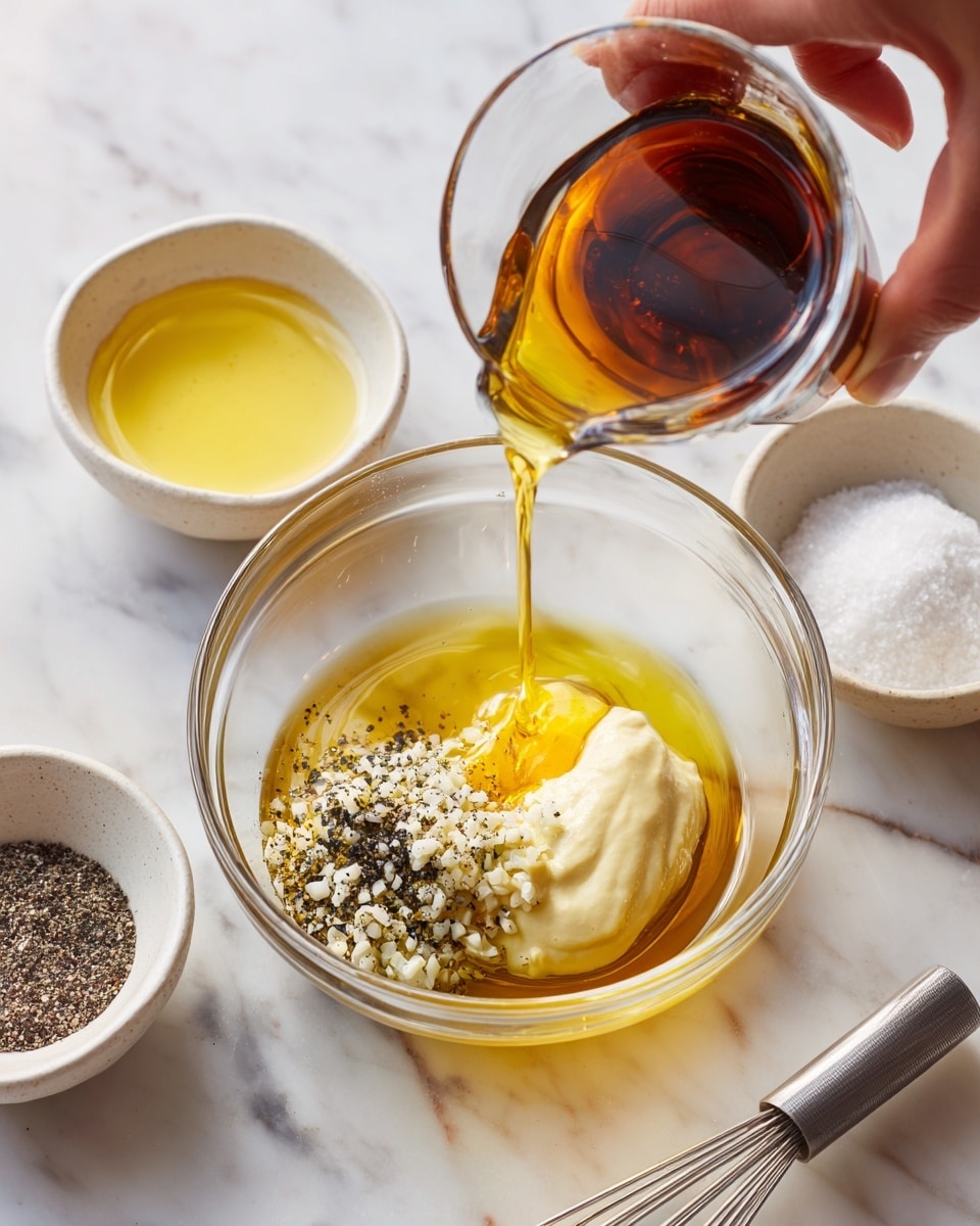A clear glass bowl sits on a white marbled surface, containing four visible layers: a base layer of golden olive oil with a smooth texture, a dollop of creamy pale yellow mustard topped with small minced fresh garlic, scattered coarse black pepper, and a dark amber liquid being poured from a clear glass. Surrounding the bowl are two small white bowls with light yellow creamy streaks inside, a metal whisk with a shiny handle, and a small white bowl filled with coarse salt and black pepper. A woman's hand is holding the glass as the amber liquid pours into the bowl. Photo taken with an iphone --ar 4:5 --v 7