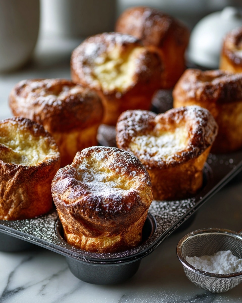 There are eight golden brown popovers, each tall and puffy with a rough, crisp texture on top, sitting evenly in a black metal popover pan. The popovers have a light dusting of white powdered sugar on some tops, adding contrast to their warm brown color. The pan is on a white marbled surface, and a small sifter with powdered sugar is partly visible at the lower right corner. The background is softly blurred with a white rounded object in the upper right corner. photo taken with an iphone --ar 4:5 --v 7