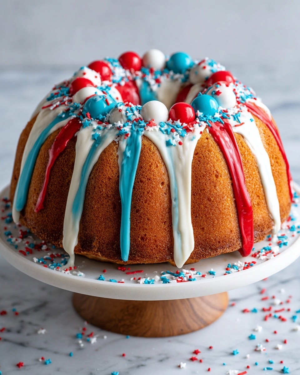 A round bundt cake is shown on a wooden stand with a white marbled background. The cake has three main colorful layers inside: red, blue, and pale yellow, swirling together in a marbled pattern. Outside, white, red, and blue icing drips down the sides, with red, white, and blue sprinkles and round candies scattered all over the top and around the base. A woman’s hand is holding a silver cake server, lifting a thick slice of the cake. Some sprinkles have fallen near the base of the stand. Photo taken with an iphone --ar 4:5 --v 7
