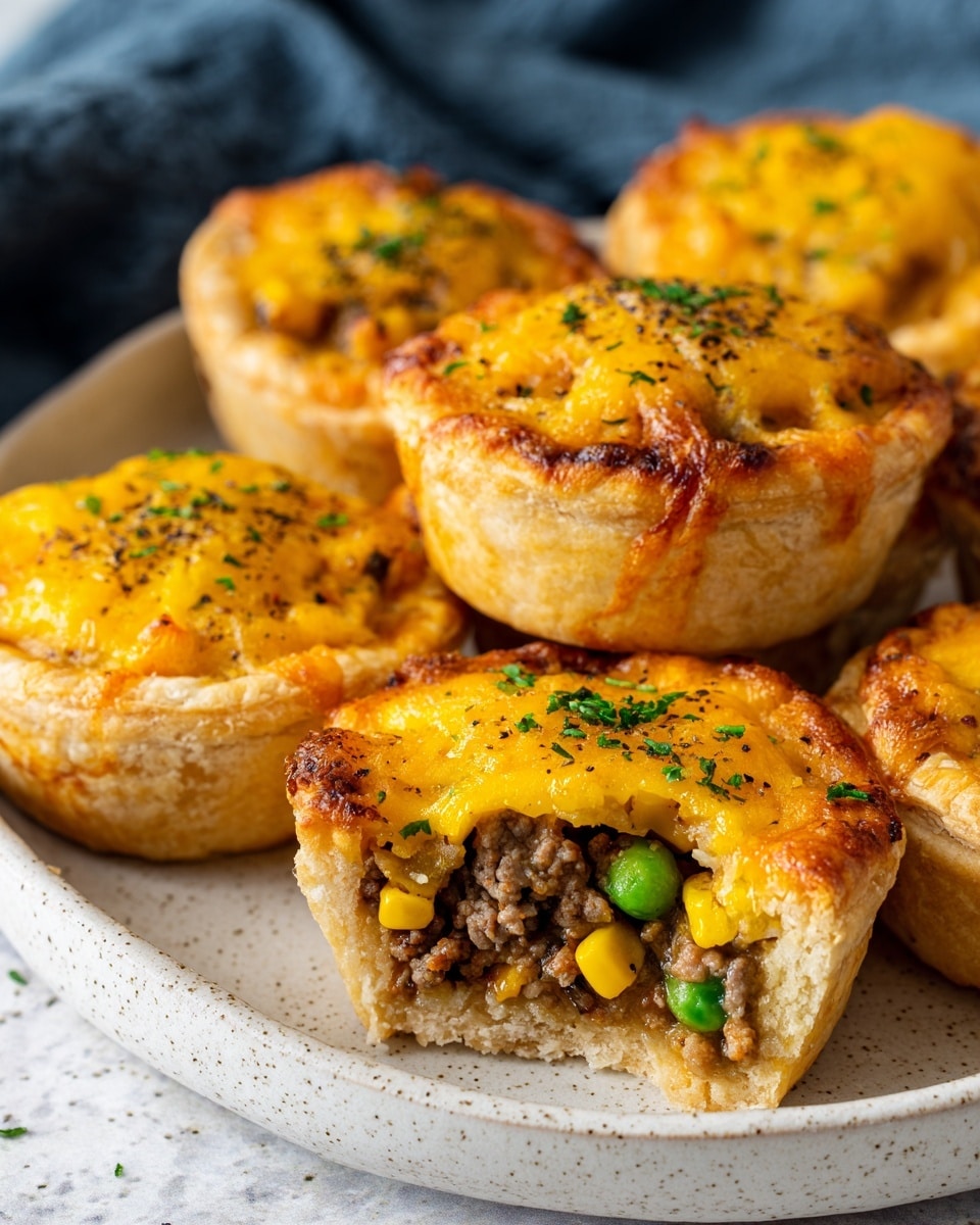 The image shows several small savory pies arranged on a white plate set on a white marbled surface. Each pie has a golden-brown crust forming the base and sides. Inside the pies, there is a mix of cooked ground meat and vegetables like green peas and yellow corn kernels. On top, a bright yellow melted cheese layer covers the filling, with some green herb sprinkles and black pepper, enhancing the texture and color contrasts. The pies vary slightly in size and shape, with one pie cut open to reveal the colorful layers inside. The background includes a soft focus of a dark blue cloth. photo taken with an iphone --ar 4:5 --v 7