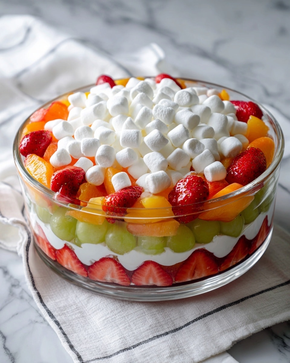 A clear glass bowl filled with three distinct layers of fruit, topped with a generous layer of small white marshmallows. The bottom layer shows bright red strawberries, above them are orange peach slices forming the middle layer, and the top layer underneath the marshmallows has green grapes visible. The bowl sits on a white marbled surface, with part of a white cloth with thin black lines near the bowl. The photo taken with an iphone --ar 4:5 --v 7