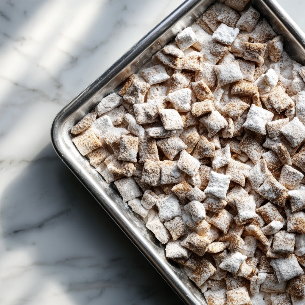 A close-up top view of a large silver baking sheet filled with many small square pieces of puppy chow coated in a light dusting of powdered sugar, giving them a rough texture and a mix of light brown and white colors. The baking sheet sits on a white marbled surface, and there is a soft shadow around it. At the top of the image, black text says
