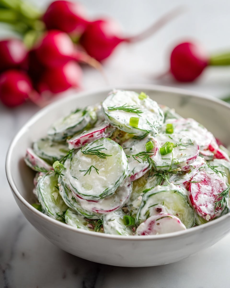 A white bowl filled with a creamy salad made of thin slices of cucumber and radish, with pale yellow potato pieces mixed inside, all coated in a thick white dressing. On top, small chopped green onions and green dill sprouts add specks of bright green. The bowl sits on a white marbled surface, and part of pink radishes and green onion stalks are visible near the edges. The salad looks fresh and colorful with layers of white, pale green, pink, and small bright green garnishes. Photo taken with an iphone --ar 4:5 --v 7