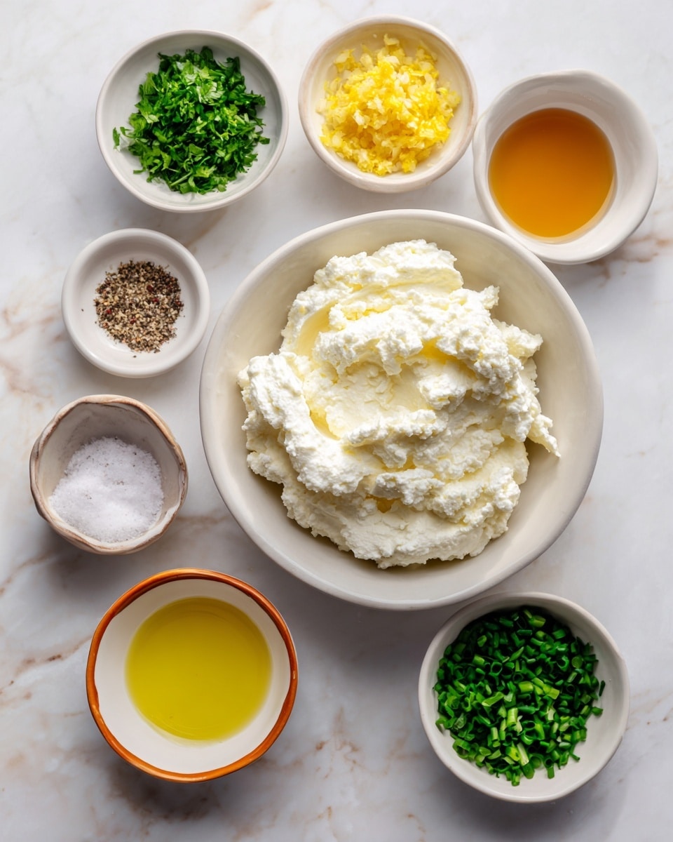 A white bowl filled with soft, white ricotta cheese sits in the bottom left, next to a small white bowl with a mixture of salt and pepper that look white and dark brown. Above the ricotta are three smaller white bowls holding finely chopped garlic in light yellow, chopped green parsley, and bright yellow lemon zest in an orange-rimmed white bowl. To the right are three more white bowls with honey in golden amber, olive oil in a yellow liquid, and lemon juice in a pale yellow liquid. A bowl with small green chopped chives is next to these ingredients. All bowls are placed on a white marbled surface with a soft natural light. photo taken with an iphone --ar 4:5 --v 7