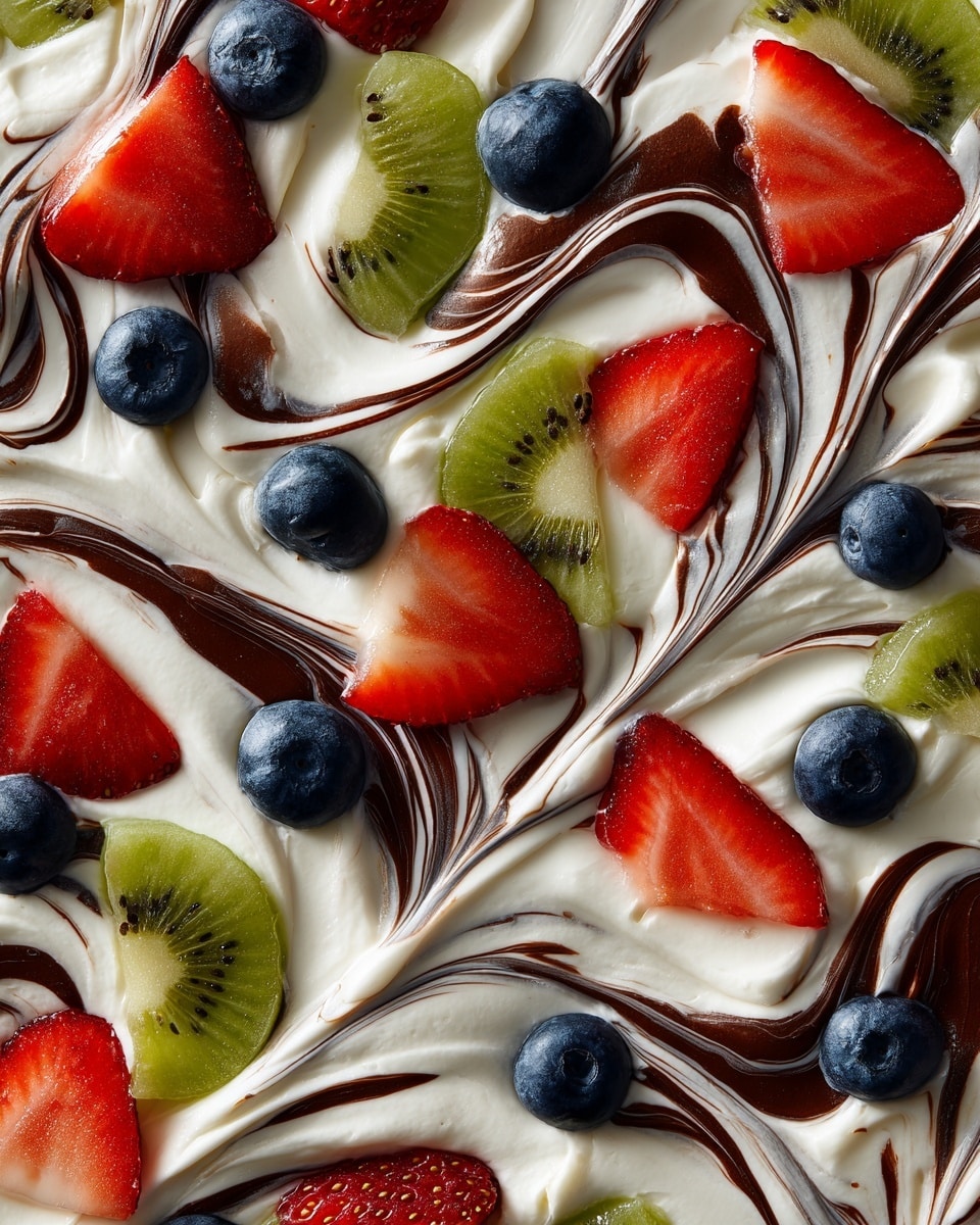 The image shows several rectangular pieces of creamy white frozen yogurt bark topped with swirls of dark brown chocolate. Each piece is decorated with colorful slices of fruit: bright red strawberries, green kiwi wedges, and whole fresh blueberries. The bark pieces are placed on a white marbled surface with a few loose blueberries scattered around. One piece shows a small bite taken from it. The texture looks smooth on the white yogurt layer and glossy on the chocolate swirls, creating a visually pleasing contrast. Photo taken with an iphone --ar 4:5 --v 7