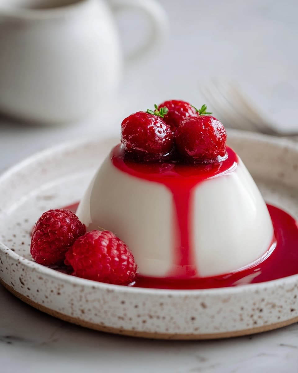 The dish shows one white, flower-shaped panna cotta with a smooth, creamy texture in a white textured plate. It has a bright red berry sauce drizzled in stripes on top, pooling around the base. There is a small bunch of shiny red currants placed in the center along with one fresh raspberry near the edge. A silver spoon rests inside the plate to the right side. The setup is on a white marbled surface with a few loose red currants scattered around. photo taken with an iphone --ar 4:5 --v 7