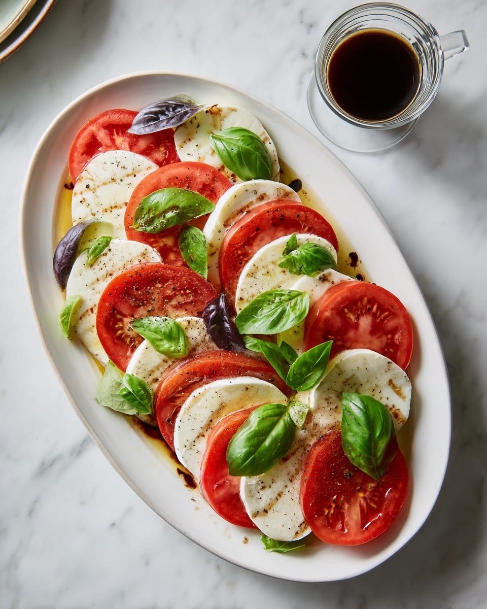 The dish shows many stacks on a white plate, each with three main layers. The bottom layer is a bright red tomato slice with juicy texture. The middle layer is a smooth, white mozzarella slice, slightly curved and thicker than the tomato. The top layer is a mix of fresh green basil leaves and dark purple leaves scattered, giving a fresh touch. The whole stack is sprinkled with black pepper and drizzled with a dark brown balsamic glaze that adds shine and detail. The background is a white marbled surface. photo taken with an iphone --ar 4:5 --v 7
