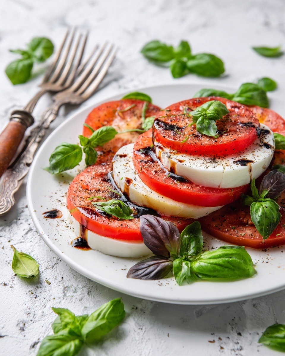 A white oval plate sits on a white marbled surface, filled with neatly stacked layers of red tomato slices and white mozzarella cheese slices arranged in a repeating pattern. Each tomato slice is paired with a mozzarella slice underneath, topped with fresh bright green and dark purple basil leaves. The salad is lightly drizzled with a dark brown balsamic glaze and sprinkled with black pepper. On the side, there is a small clear glass cup of dark coffee. The scene is bright with natural light. photo taken with an iphone --ar 4:5 --v 7