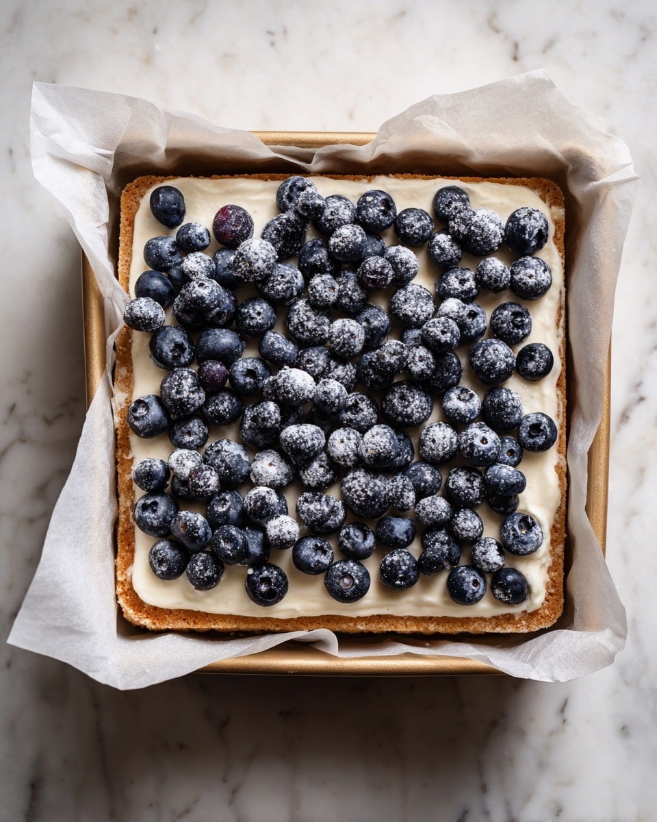 A square baking pan lined with white parchment paper holds a dessert with three visible layers. The bottom layer looks like a light brown crust, smooth and pressed evenly. The middle layer is a thick spread of creamy white, slightly melted in places. The top layer has many fresh blueberries covered lightly with a white powdered dust, creating a look of small white spots on the berries. The pan sits on a white marbled surface. Photo taken with an iphone --ar 4:5 --v 7