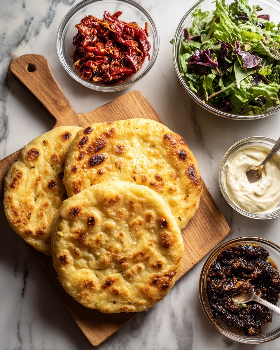 Two round golden flatbreads with a bumpy, crispy texture sit on a wooden board and a wooden paddle in the center of the image. Around them are several glass bowls containing different toppings: a bowl of bright red roasted peppers with a shiny, soft texture, a bowl of dark black olive tapenade with a slightly coarse texture and a metal spoon inside, a bowl of mixed green salad leaves with a fresh, leafy look, and a small white bowl of creamy white sauce with a spoon. The whole scene is on a white marbled surface. photo taken with an iphone --ar 4:5 --v 7
