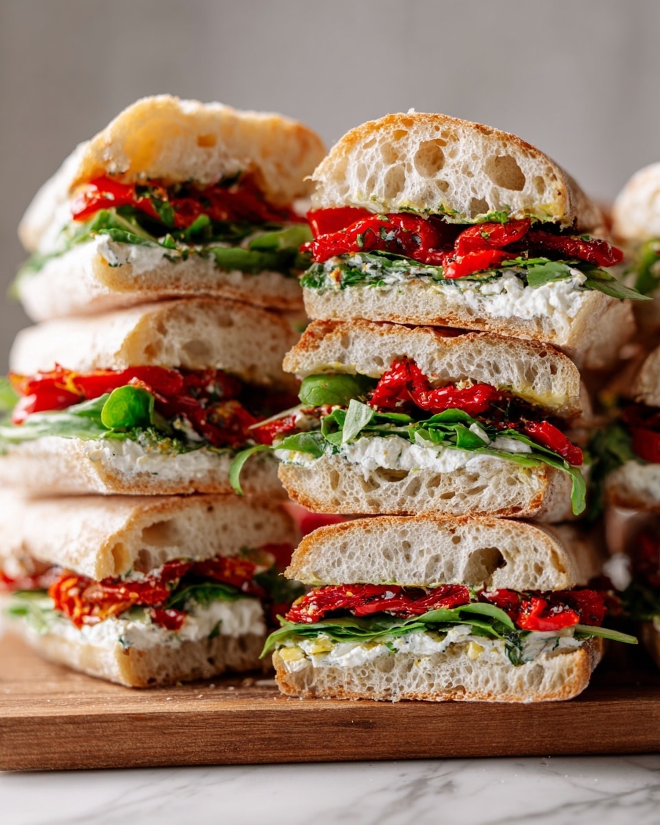 The image shows a stack of ten sandwich halves arranged in a pyramid on a wooden board with a white marbled background. Each sandwich has three main layers inside soft, airy ciabatta bread. The top and bottom layers are the light golden-brown, slightly crusty bread with an open, porous texture. Inside, there is a layer of bright red roasted peppers, topped by fresh green leafy lettuce, and finished with a white creamy spread. All the sandwiches are stacked evenly, showing the colorful layers clearly from the side. Photo taken with an iphone --ar 4:5 --v 7