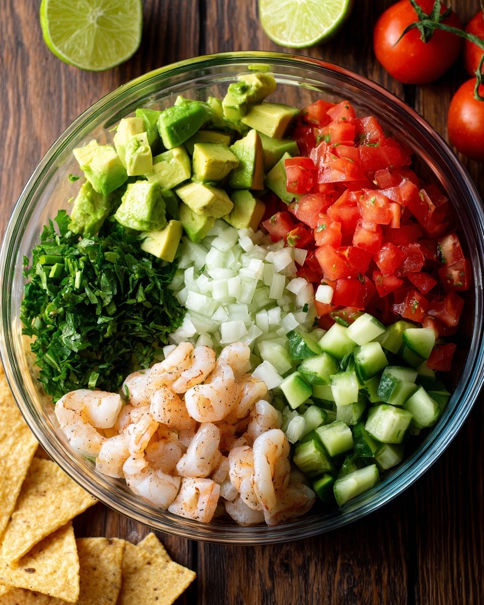 A clear bowl filled with six separate layers of fresh ingredients: bright green diced avocado on the top left, red diced tomatoes on the top right, a middle layer of chopped green herbs, finely chopped white onions on the bottom left, small pieces of light pink shrimp with a touch of black pepper on the lower middle, and diced light green cucumber on the bottom right. The bowl sits on a dark brown wooden surface with two lime halves and a couple of whole tomatoes in the background, along with some triangular tortilla chips at the bottom. photo taken with an iphone --ar 4:5 --v 7
