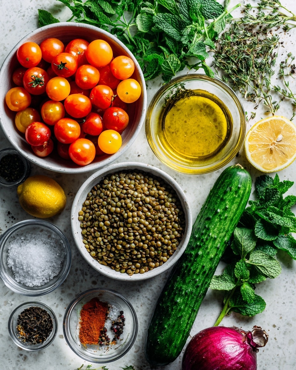 The image shows a flat lay of fresh ingredients arranged on a white marbled surface. On the top left, there is a white bowl full of red and orange small tomatoes. Below it, a white bowl is filled with green lentils. To the right of the lentils, a clear glass bowl contains golden olive oil. A long, dark green cucumber lies diagonally across the center. Around these are green leafy herbs with a mix of parsley and mint, placed mainly on the right and bottom edges. At the bottom left, there are two small clear glass bowls with salt and ground spices. A bright yellow lemon and a red onion sit near the corners. The colors are vibrant with a mix of green, red, yellow, and the earth tones of the spices, all on a white marbled texture background. Photo taken with an iphone --ar 4:5 --v 7