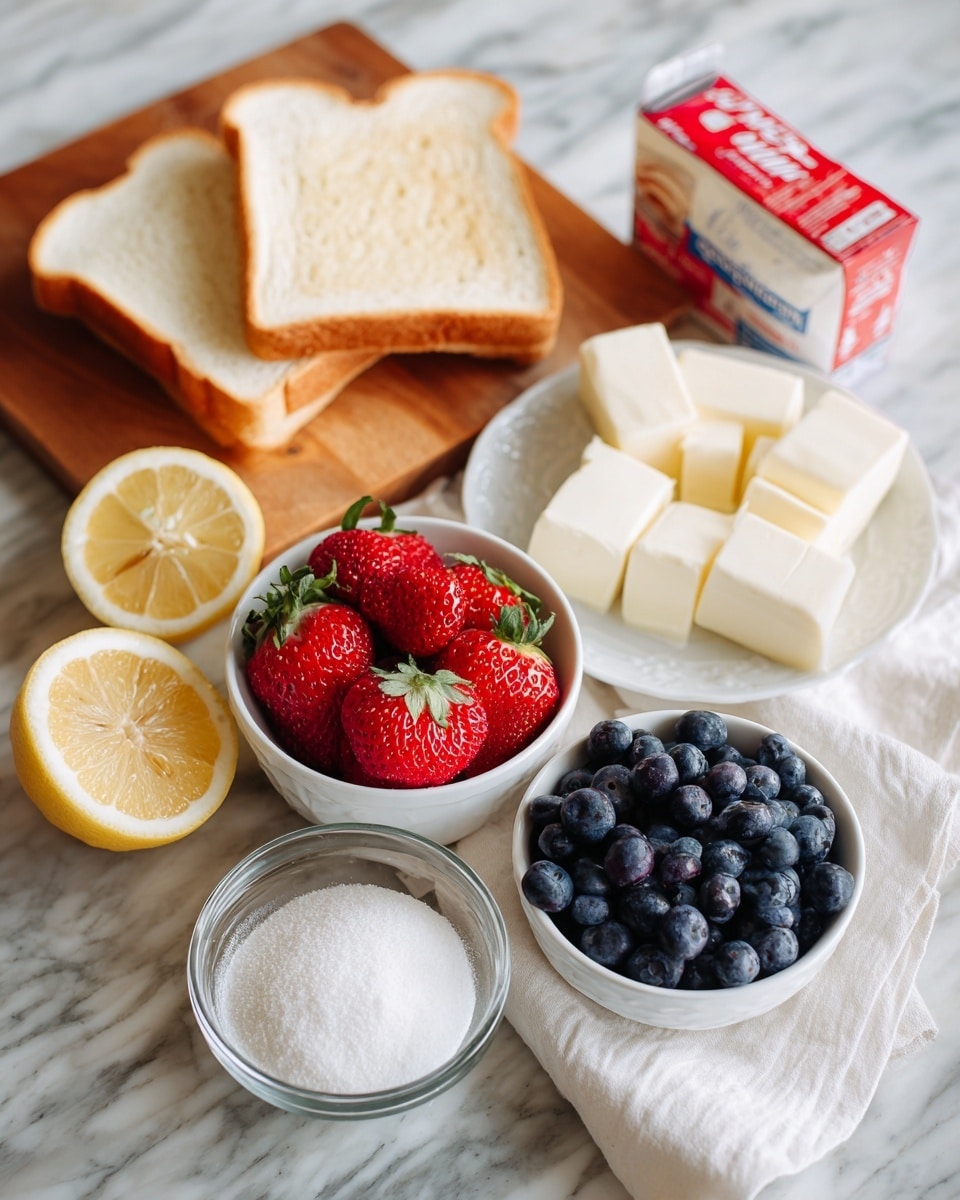The image shows several cooking ingredients neatly arranged. On the left, two thick slices of toasted bread rest on a wooden surface next to half of a lemon with a light yellow inside. In front of the bread, there is a small clear glass bowl filled with white powder, possibly sugar. Moving right, a white bowl filled with fresh red strawberries with green tops is placed beside a small round white bowl filled with white granulated sugar. Behind the strawberries, a white plate holds several rectangular blocks of cream cheese. On the far right, a white bowl lined with white cloth is full of fresh blueberries. Behind this bowl, a small carton of cream with a red and white design is positioned. All items are set against a white marbled surface. Photo taken with an iPhone --ar 4:5 --v 7