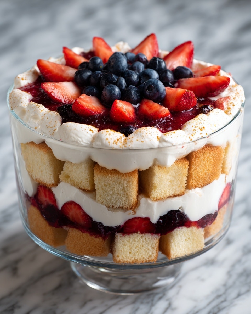 The image shows a close-up of a layered dessert in a clear glass bowl. The bottom layer consists of white sponge cake pieces with a layer of red strawberry slices on top. Above this is a thick creamy white layer, followed by another row of sponge cake cubes. Next is a layer of dark blue blueberries, partly covered with cream. Above this is another layer of sponge cake cubes. The top of the dessert is covered with a thick layer of creamy white cream, decorated with thin slices of red strawberries and a final dense layer of blueberries. The dessert sits on a white marbled surface. Photo taken with an iphone --ar 4:5 --v 7