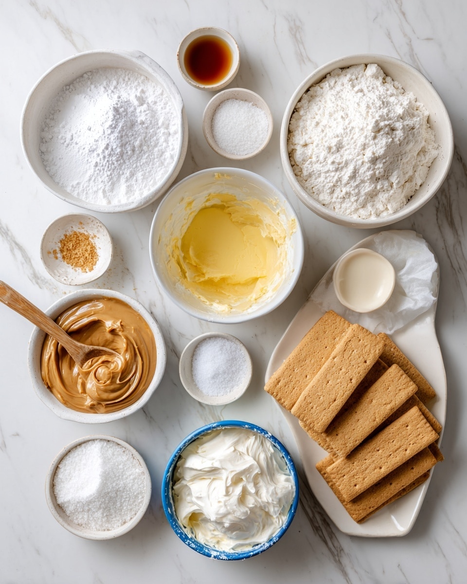 The image shows an overhead view of several white bowls and containers set on a white marbled surface, each filled with different ingredients for baking: a bowl with white powdered sugar, a bowl with light yellow melted vegan butter, another bowl with white sugar, and a container of dairy-free cream cheese with a blue lid. There is also a large white tub labeled DF whipped topping, a white plate filled with light brown gluten-free graham crackers, a small bowl with a dark beige smooth peanut butter held by a wooden-handled spoon, a small white bowl with light brown vanilla extract, and a tiny white bowl with white salt. Everything is arranged neatly and evenly spaced photo taken with an iphone --ar 4:5 --v 7