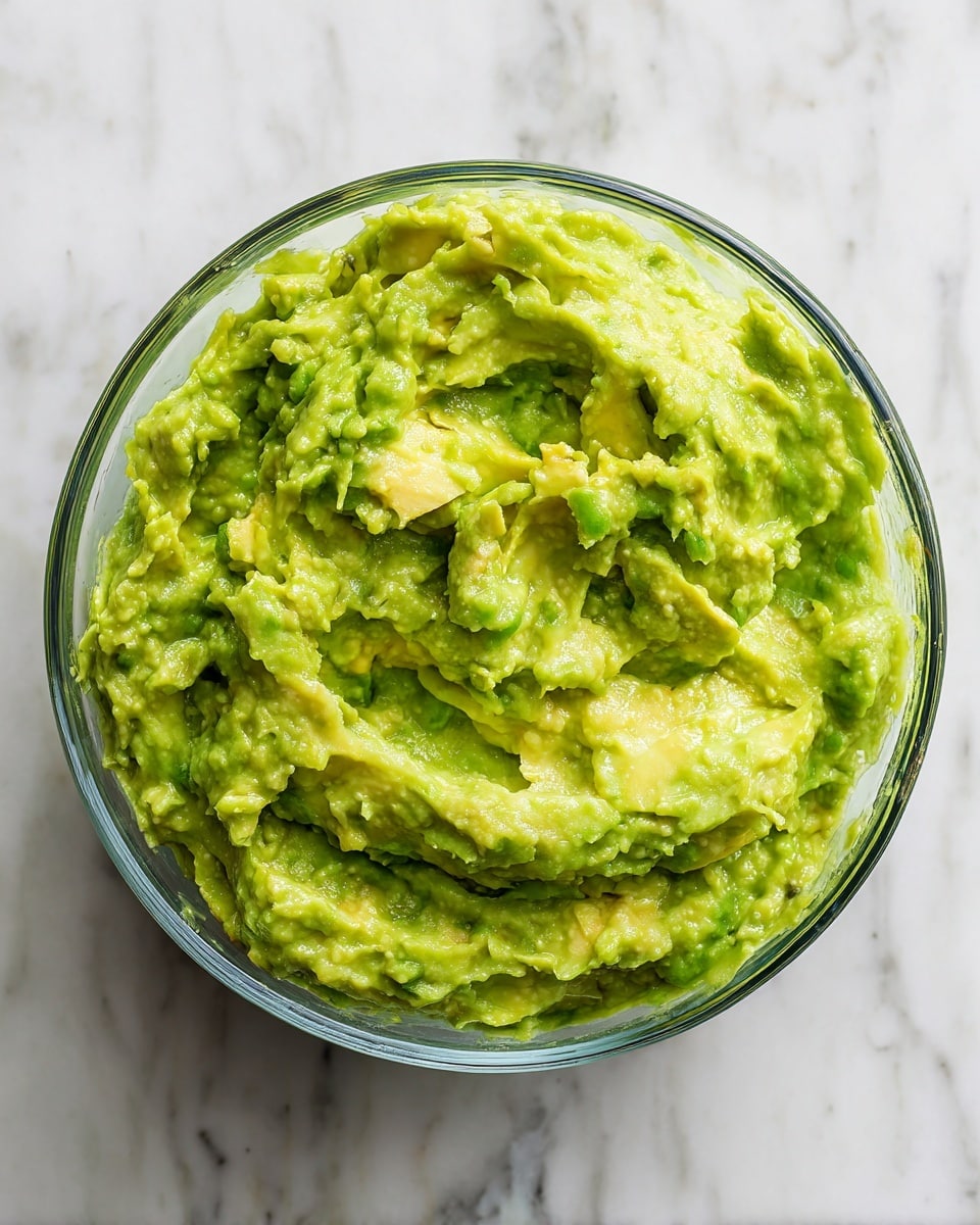 A clear glass bowl filled with a thick, chunky green dip made from mashed avocado, showing uneven texture with some small lumps and shiny smooth parts. The dip has a bright green color with some pale yellow-green areas where the avocado pieces blend. The bowl sits on a white marbled surface with soft lighting highlighting the creamy and chunky nature of the dip. photo taken with an iphone --ar 4:5 --v 7