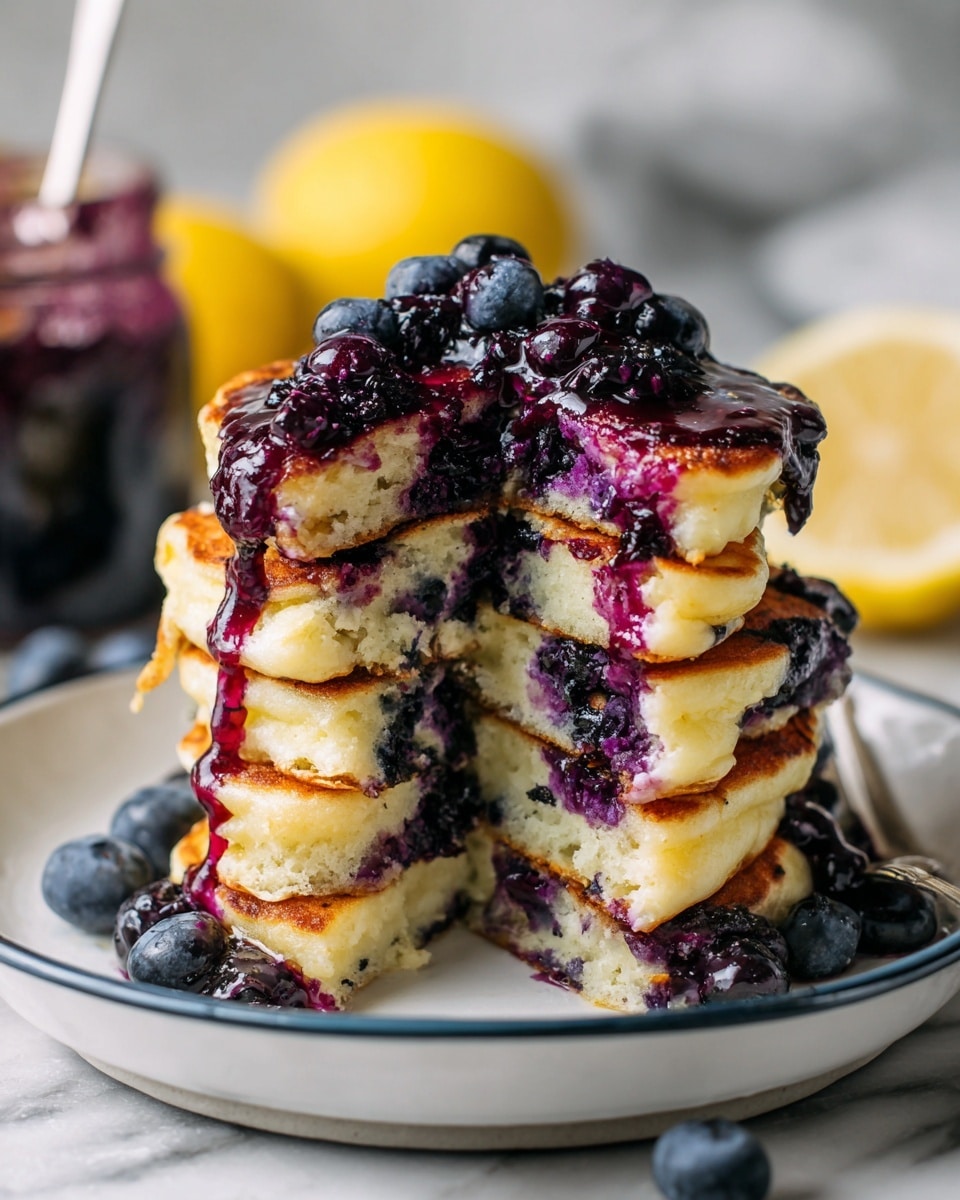 A stack of five thick blueberry pancakes sits on a white plate with a thin navy rim, each pancake speckled with cooked blueberries inside. Between the layers, a rich, purple blueberry sauce is dripping down the sides, pooling at the bottom among fresh whole blueberries. In the background, there is half a lemon and a jar with more blueberry sauce, all placed on a white marbled texture. The focus is on the moist, fluffy texture of the pancakes and the shiny, juicy blueberries with the sauce glistening under soft light photo taken with an iphone --ar 4:5 --v 7