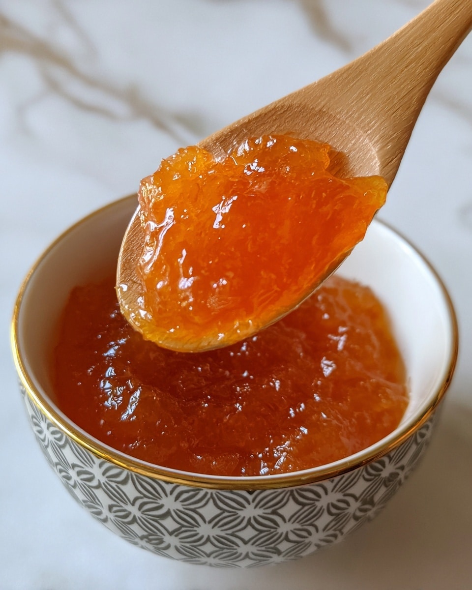 A close-up view of a wooden spoon holding a thick, shiny orange jelly with a textured, slightly chunky surface. The spoon rests on a white bowl with a gray and black geometric floral pattern inside. The jelly shows light reflections, adding a glossy look. The background features a white marbled texture. photo taken with an iphone --ar 4:5 --v 7