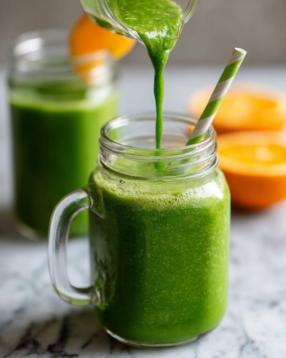 A thick bright green smoothie is being poured into a clear glass jar with a handle, filling up most of the jar from the bottom. The smoothie has a smooth, slightly foamy texture and vibrant green color. In the blurry background, there is another filled jar of the same green smoothie with a striped straw and a small orange slice on the rim, as well as a blurry orange fruit. The jars are placed on a white marbled surface. Photo taken with an iphone --ar 4:5 --v 7
