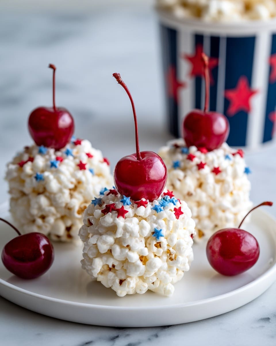 Three round popcorn balls sit on a white plate with a smooth texture, each ball made of white popcorn pieces pressed together. Bright red cherries are scattered throughout the popcorn balls. Small red and blue star-shaped sprinkles decorate the surface, placed on all sides of each popcorn ball. Each ball is topped with a single red cherry stem sticking straight up. In the background, a container with a dark blue and white striped pattern and red stars is partially visible, sitting on a white marbled surface. photo taken with an iphone --ar 4:5 --v 7