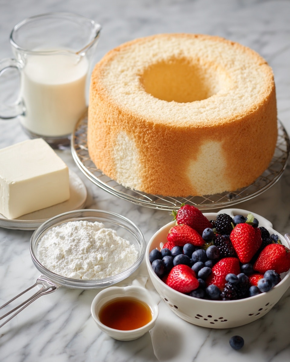 A round sponge cake with a light golden crust and a soft white inside sits on a metal cooling rack, showing a hole in the middle. In front of it, a white colander holds fresh red strawberries and dark blue blueberries, full and vibrant. To the left, a clear glass measuring cup is filled with creamy white milk, while a small glass bowl contains white powdered sugar. A small white dish holds a thick block of plain cream cheese, and next to it, a tiny white bowl has a golden brown liquid, likely vanilla extract. All items are placed neatly on a white marbled surface. photo taken with an iphone --ar 4:5 --v 7