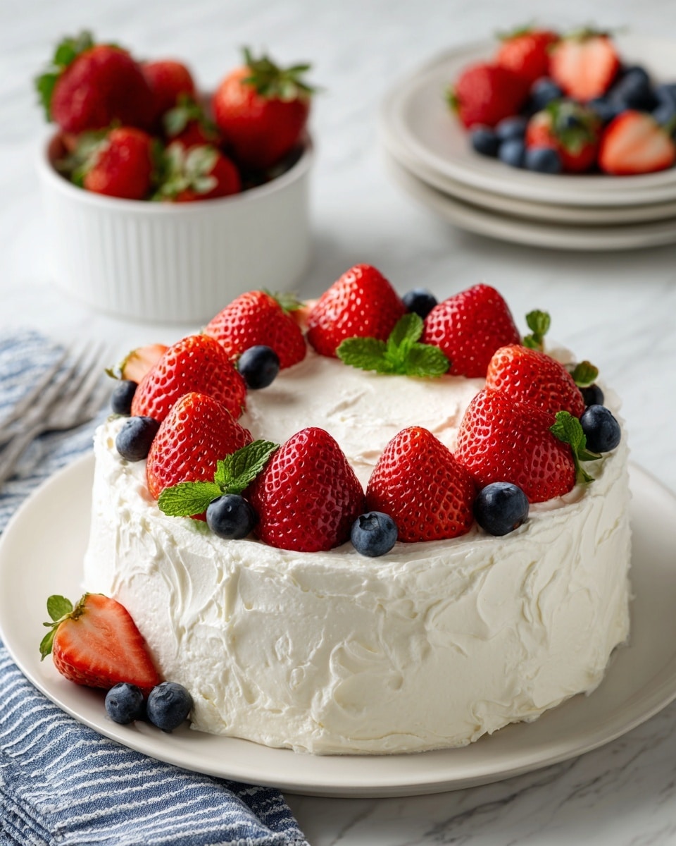 A round cake covered with a thick, whipped white cream layer that has a soft, swirled texture. On top, there is a ring of fresh, bright red whole strawberries and halved strawberries, evenly placed around the center. Small blue blueberries are scattered between the strawberries, along with a few small green mint leaves for color contrast. The cake sits on a white plate, against a white marbled surface. In the background, there is a white bowl filled with more strawberries and blueberries, placed on a blue and white striped cloth. Photo taken with an iphone --ar 4:5 --v 7
