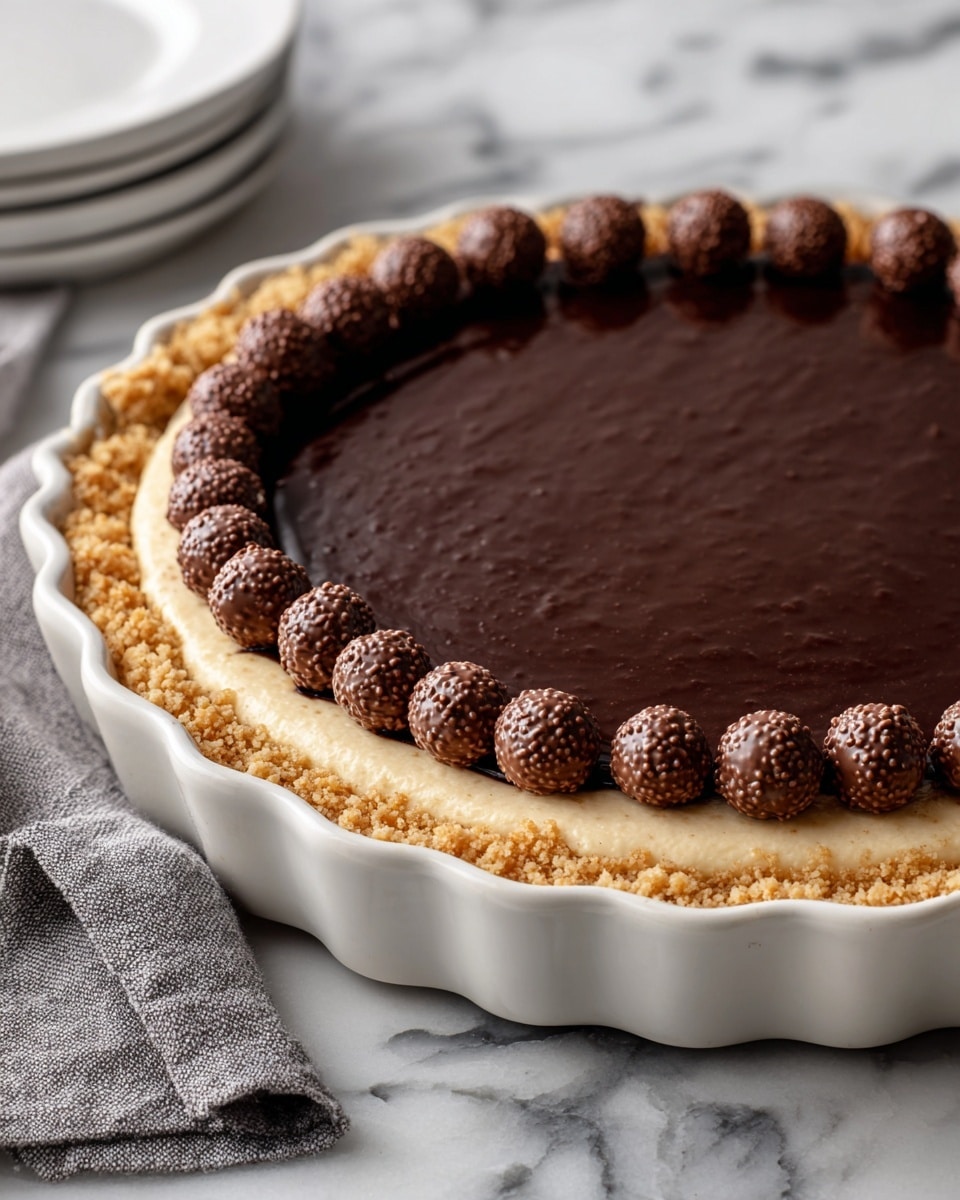 A pie with three visible layers in a white pie dish on a white marbled surface; the bottom layer is a crumbled light brown crust, the middle layer is a thick, smooth, tan-colored filling, and the top layer is a shiny, dark chocolate glaze covering the entire surface except for the edge where the filling shows; six miniature chocolate cups are evenly spaced on top of the chocolate glaze along the edge; in the foreground, two wrapped mini chocolates are slightly blurred, and a woman’s hand is about to grab the pie on the left side photo taken with an iphone --ar 4:5 --v 7
