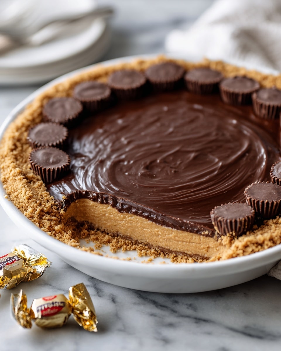 The image shows a pie in a white round dish with scalloped edges. The pie has three layers: the bottom layer is a light golden crumb crust, the middle layer is a smooth, creamy beige filling, and the top layer is a shiny dark chocolate glaze that covers the filling evenly. Around the edge of the chocolate layer, there is a circle of small, round chocolate candies with a textured top, evenly spaced. The dish is placed on a white marbled surface with a folded gray cloth nearby. Photo taken with an iphone --ar 4:5 --v 7