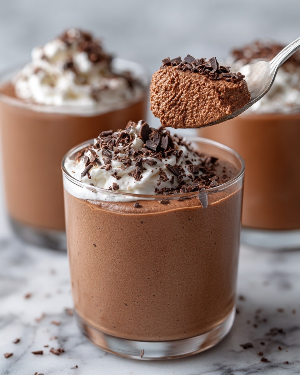 A glass cup filled with two layers of chocolate mousse, each layer smooth and creamy with a light brown color. The mousse is topped with dark brown chocolate shavings that add texture and decoration at the top. The cup has horizontal lines for grip and is placed on a white marbled surface, with some blurred objects in the background. photo taken with an iphone --ar 4:5 --v 7