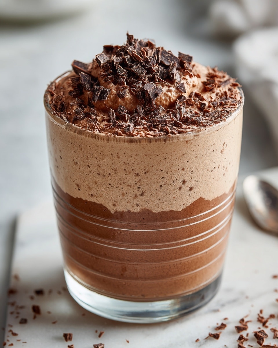 The image shows a clear glass filled with one thick layer of smooth, creamy chocolate mousse that is light brown in color. On top of the mousse, there is a spoon holding a scoop of the same mousse, sprinkled with small dark brown chocolate shavings. In the background, there is another glass of chocolate mousse with a dollop of white whipped cream and chocolate shavings on top. All glasses are placed on a white marbled surface. Photo taken with an iphone --ar 4:5 --v 7