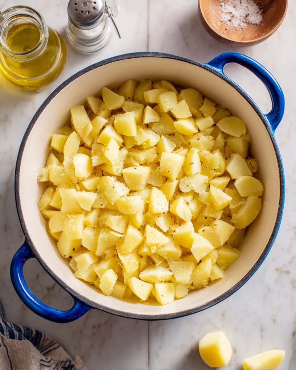 The image shows a white pot with blue handles filled with chopped potatoes. The potatoes are light yellow with some pieces showing the skin. The potatoes cover the whole inside of the pot and are dusted with small white granules of salt or seasoning. The pot sits on a white marbled surface. In the background, there is a wooden bowl with some salt or spice, a salt shaker, and a pepper shaker. A jar filled with yellow liquid, likely oil, is partly visible at the top left corner. Two small potato pieces are placed on the marble surface near the bottom right side of the pot. photo taken with an iphone --ar 4:5 --v 7