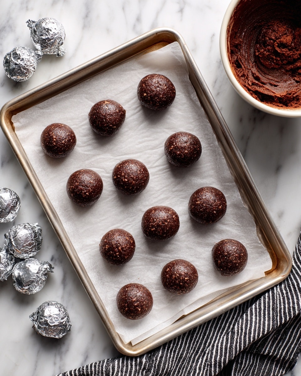 A baking tray lined with white parchment paper holds eleven evenly spaced dark brown cookie dough balls, with a rough, slightly rounded texture. The tray rests on a white marbled surface, and to the left, several shiny silver foil-wrapped small chocolates scatter loosely. The upper right corner shows a white mixing bowl filled with thick dark brown dough. A striped black and white cloth is partially visible on the lower right edge. Photo taken with an iphone --ar 4:5 --v 7