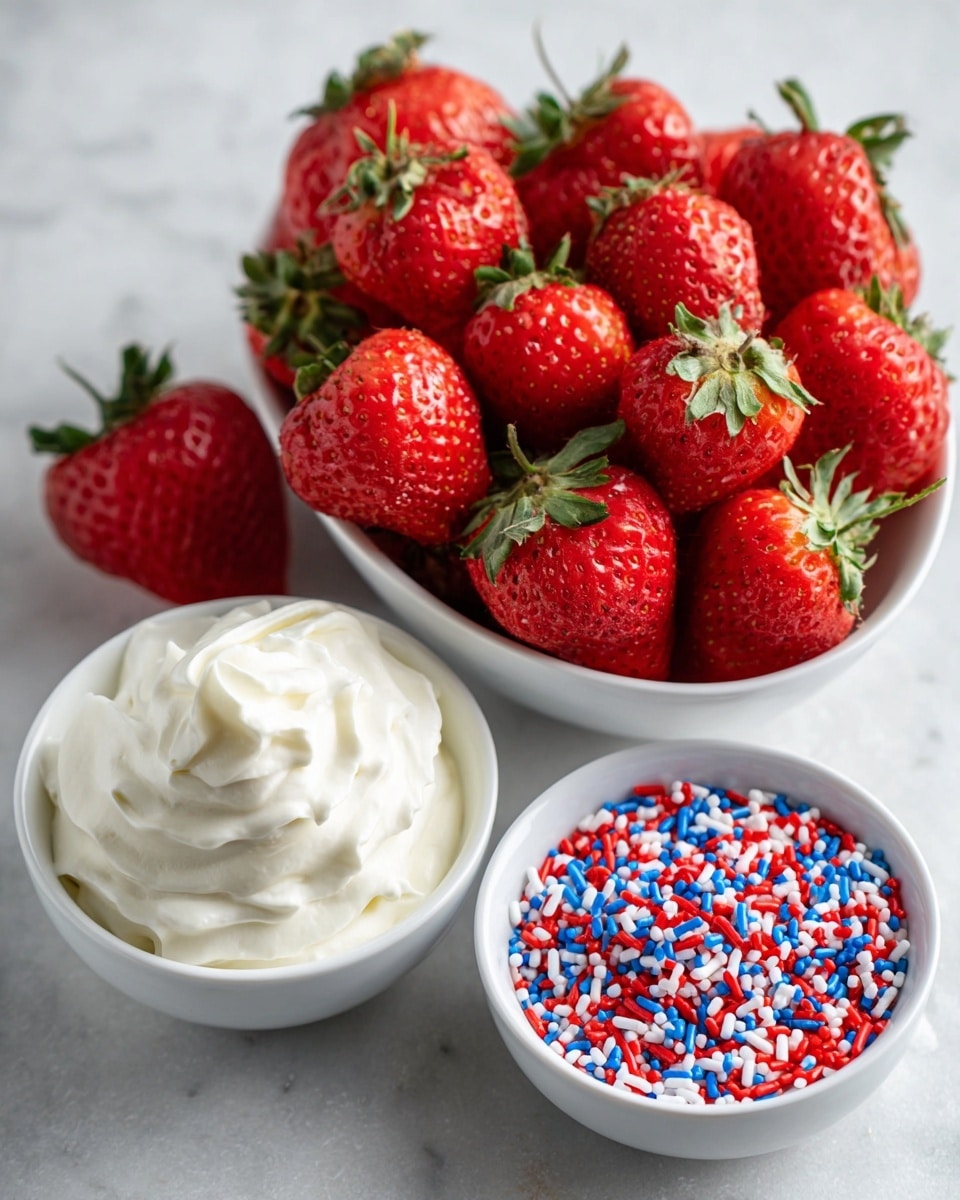 The image shows a close-up of fresh, bright red strawberries with green leafy tops, creating the main layer. Below them, there are two small white bowls placed side by side on a white marbled surface; the left bowl is filled with smooth, creamy white whipped topping, and the right bowl holds small round sprinkles in red, white, and blue colors. The strawberries have a shiny, textured surface, and everything is arranged closely together in a neat and colorful composition. photo taken with an iphone --ar 4:5 --v 7