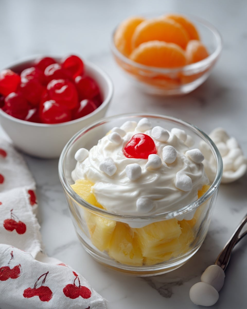 A clear glass bowl sits on a white marbled surface with three visible layers inside: at the bottom diced yellow pineapple, topped with a dollop of thick white cream, and scattered with small white marshmallows on the top. Nearby, a small white bowl holds bright red maraschino cherries, and beside it, a small clear bowl contains vibrant orange mandarin segments. A white spatula and a white cloth with a cherry pattern are also visible around the bowl. The photo taken with an iphone --ar 4:5 --v 7